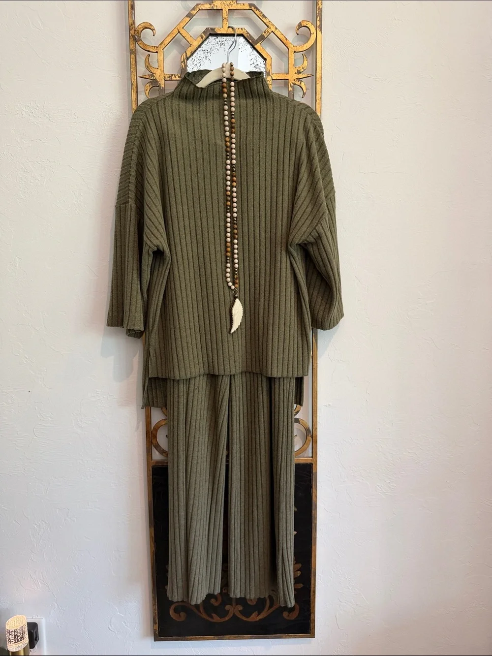 Ribbed Two-Piece Knit Set in Olive Green